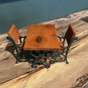 Miniature Table & Two Chairs Metal And Wood 2.lb 8.oz Table  10" Long 9"Tall